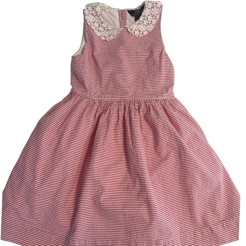 Polo Ralph Lauren Red White Seersucker Striped Peter Pan Collar Girl Dress Sz 6X